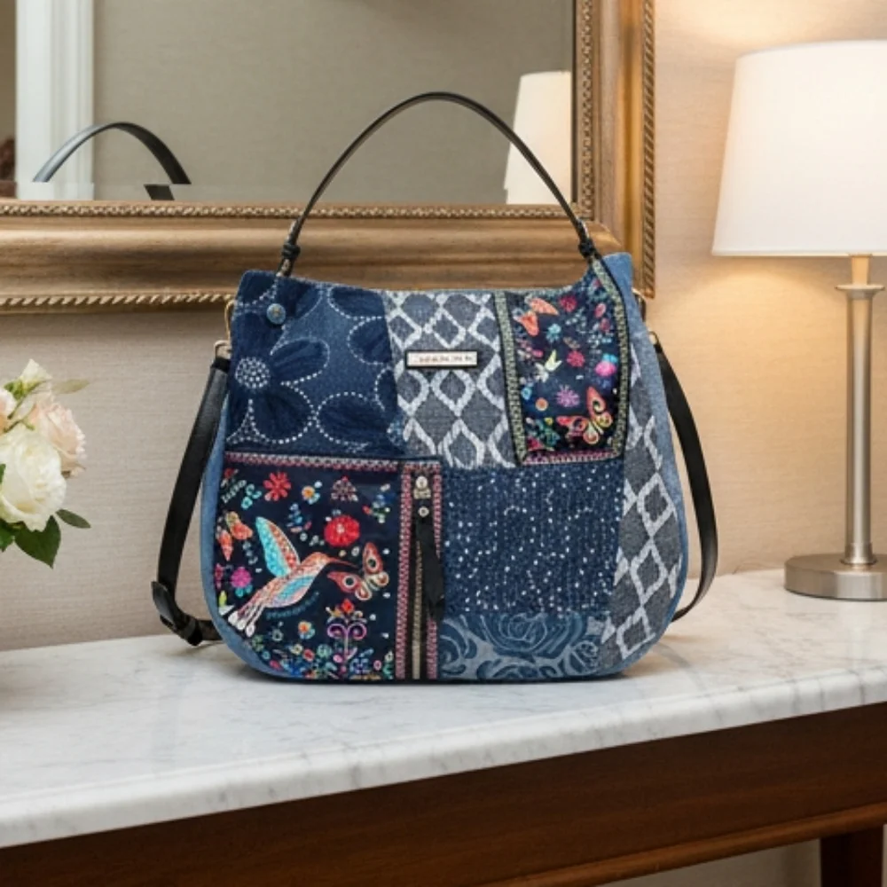 Nicole Lee Denim Patchwork Bosque de Amor Shoulder Bag Hobo Slouchy Purse